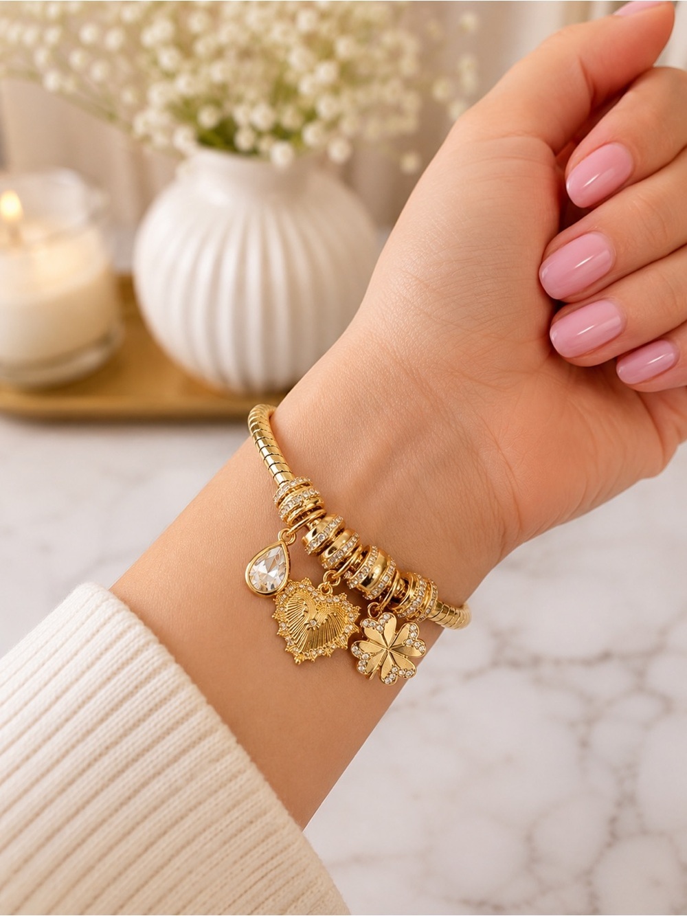 J. Crew Gold-Tone Charm Bracelet with Heart, Clover & Crystal Drop 💛